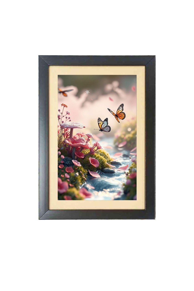 The beautiful butterfly fluttered near the flowers Photo Frame Funny Animal and Bird Cartoon Art, Black color, 11x15 Inch