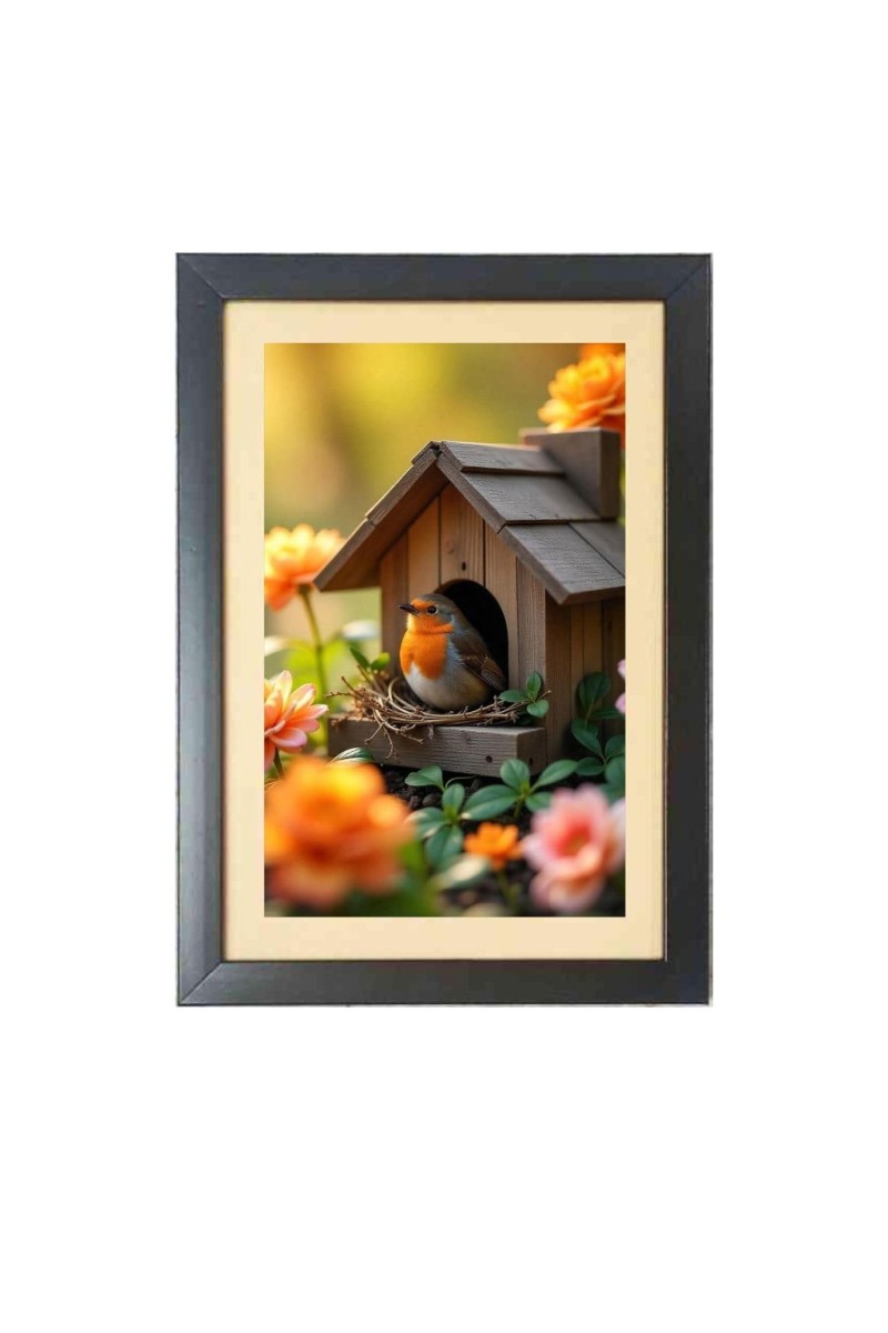 The cute bird in nest house Black Photo Frame Funny Animal and Bird Cartoon Art