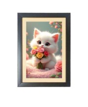 The cute cat is holding flowers Black Photo Frame Funny Animal and Bird Cartoon Art