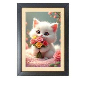 The cute cat is holding flowers Black Photo Frame Funny Animal and Bird Cartoon Art