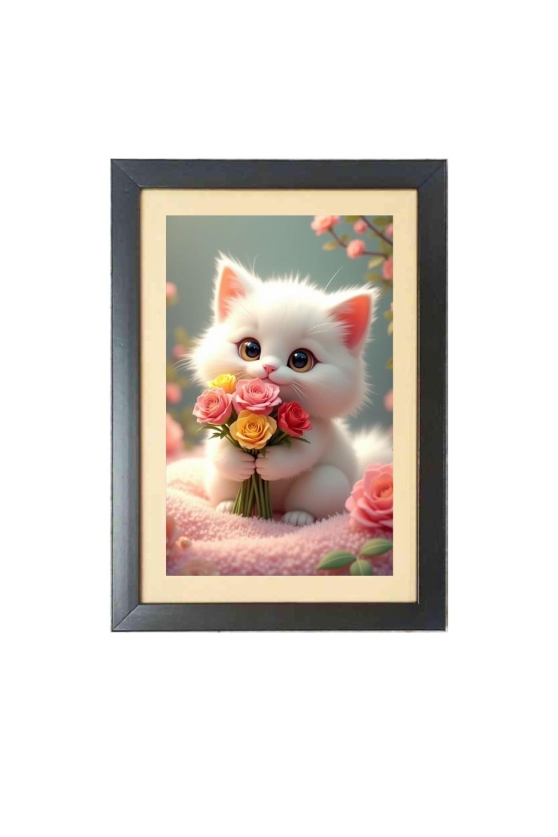 The cute cat is holding flowers Black Photo Frame Funny Animal and Bird Cartoon Art