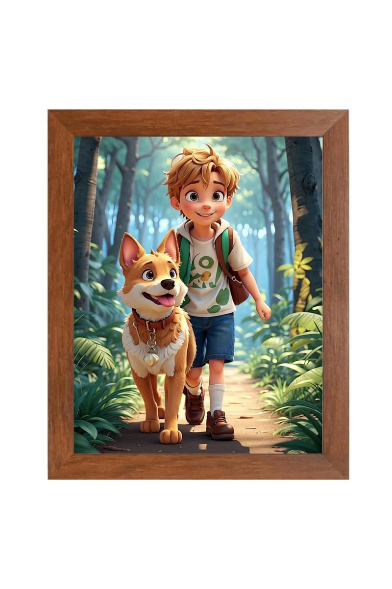 AI Funny Boy With Cute Dog Art Picture for Kids - 18x22 inches, Brown Color - Perfect Wall Decor for Children's Room