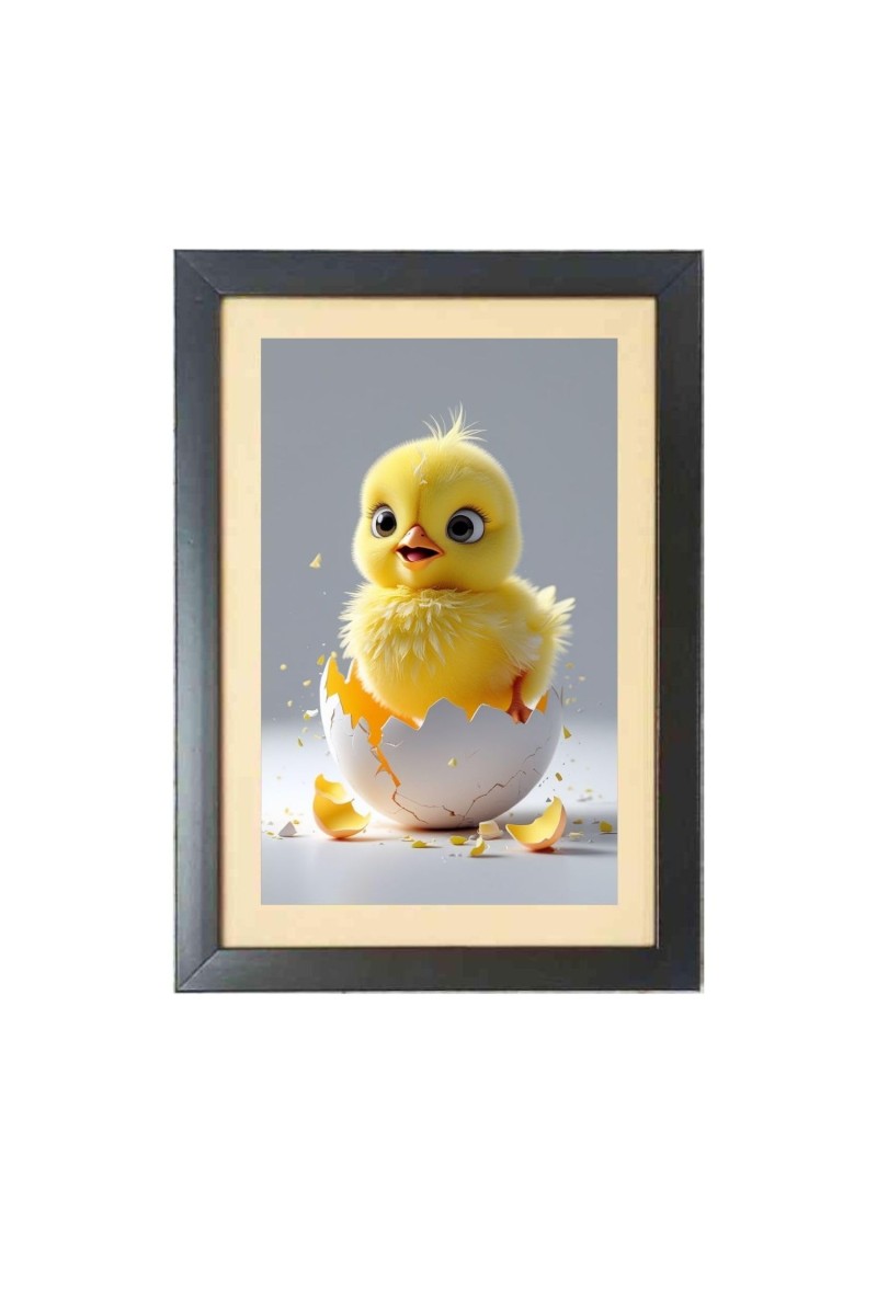 The baby chick is coming out of egg Black Photo Frame Funny Animal and Bird Cartoon Art