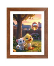 AI Funny Cute Duck With Cute Cat Art Picture for Kids - 12x16 inches, Brown Color - Perfect Wall Decor for Children's Room