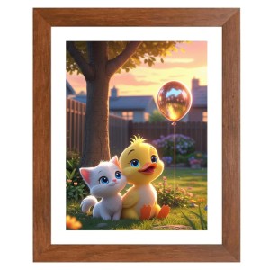 AI Funny Cute Duck With Cute Cat Art Picture for Kids - 12x16 inches, Brown Color - Perfect Wall Decor for Children's Room