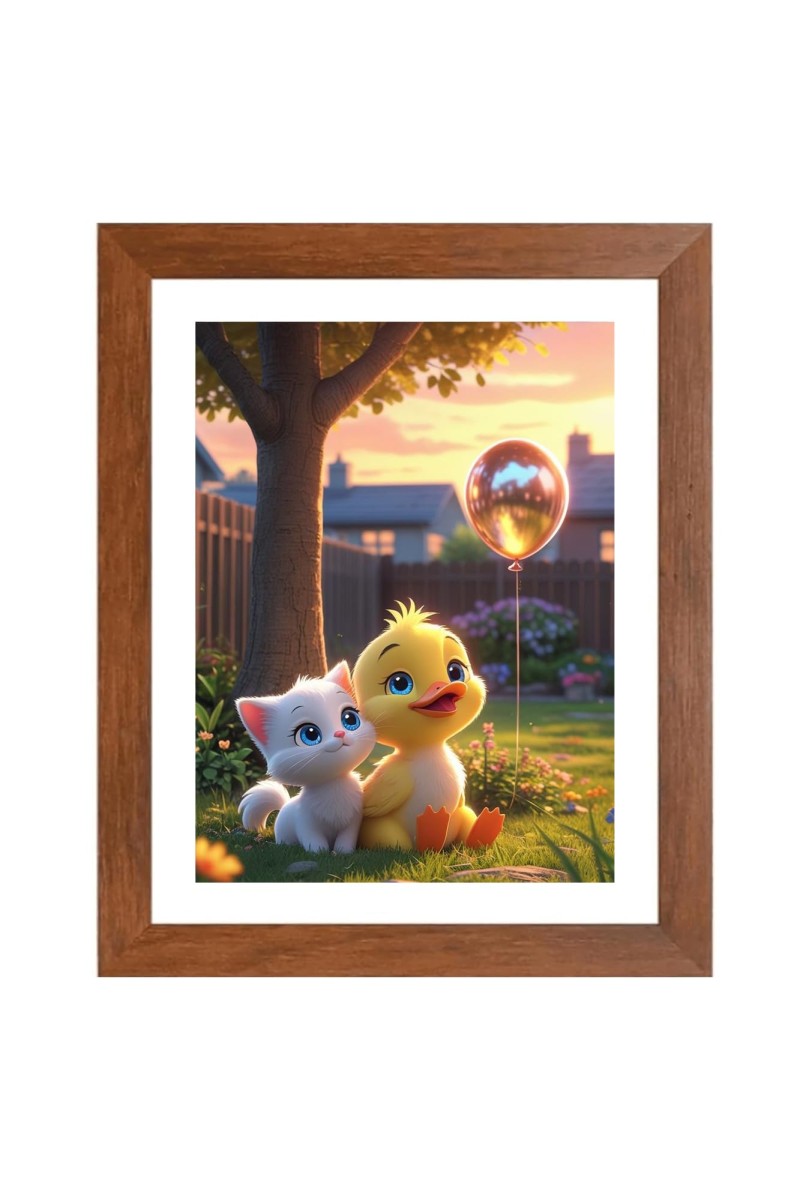 AI Funny Cute Duck With Cute Cat Art Picture for Kids - 12x16 inches, Brown Color - Perfect Wall Decor for Children's Room