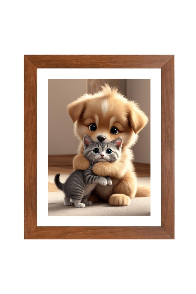 AI Funny Cute Dog & Cat Art Picture for Kids - 16x20 inches, Brown Color - Perfect Wall Decor for Children's Room