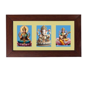 Sri Laxmi, Sri Ganesh and Sri Swaraswati Color Photo Frame -14X7.5 Inch, Elegant Religious Home & Temple Decor