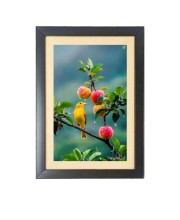 The cute bird is sitting on the apple tree Black Photo Frame Funny Animal and Bird Cartoon Art