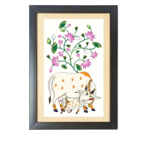 Sacred Pichwai Cow Vastu Painting Black Photo Frame Funny Animal and Bird Cartoon Art Sacred Pichwai Cow Vastu Painting Black Photo Frame Funny Animal and Bird Cartoon Art