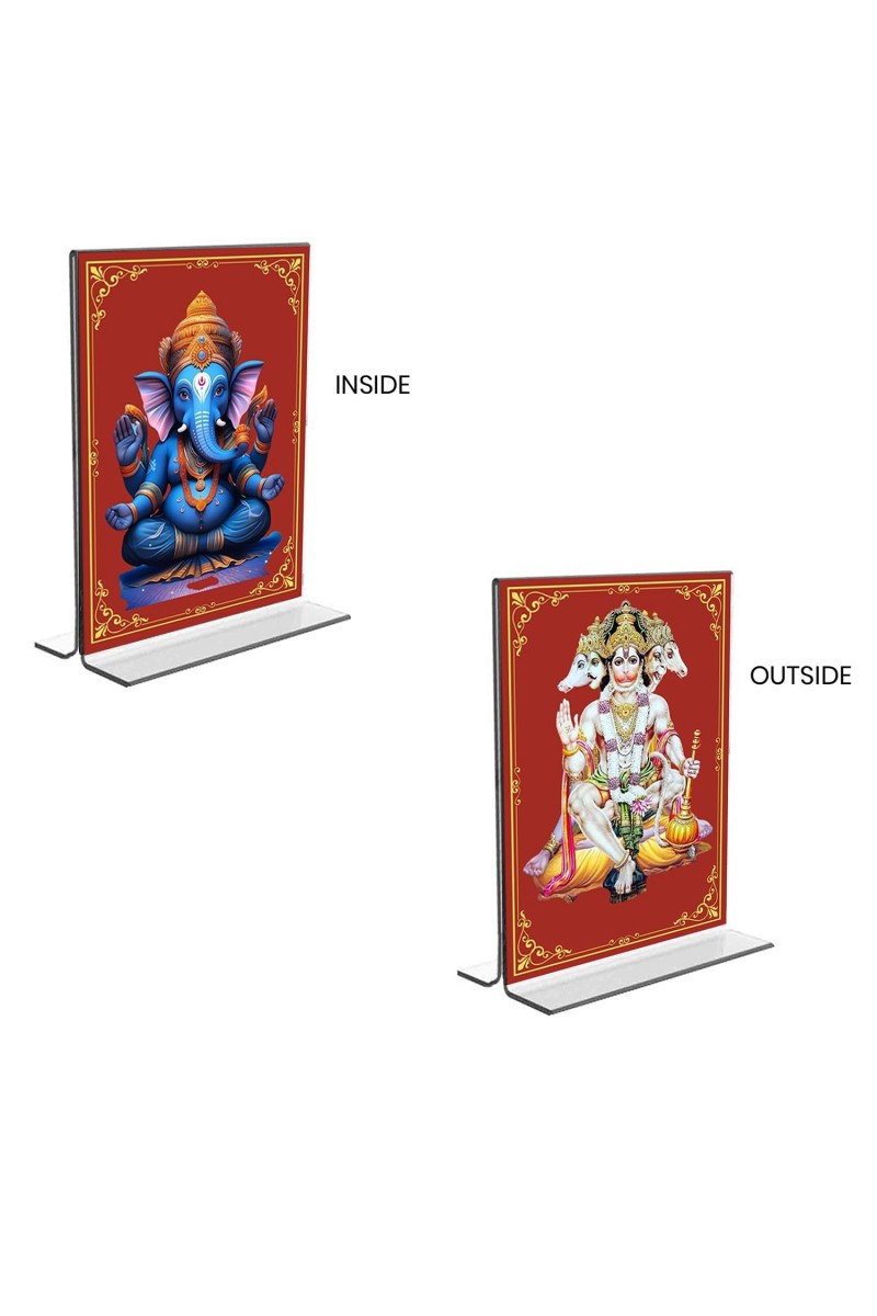 Sri Ganesh & Panchmukhi Hanuman Acrylic T-Style Photo Stand, Compact and Stylish Spiritual Display, easily change 2 photos (Pack of 1)