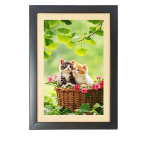 The two cats are sitting on the basket Black Photo Frame Funny Animal and Bird Cartoon Art
