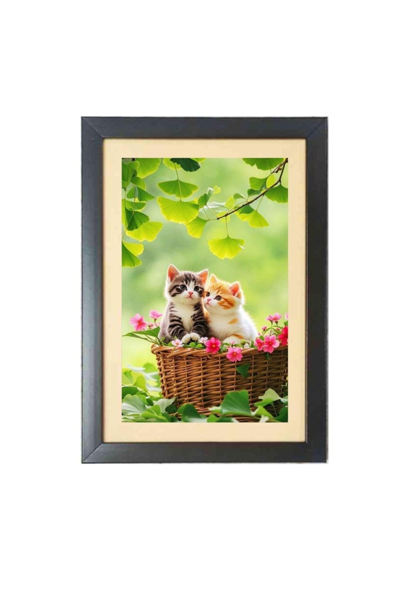 The two cats are sitting on the basket Photo Frame Funny Animal and Bird Cartoon Art, Black color, 15x19 Inch