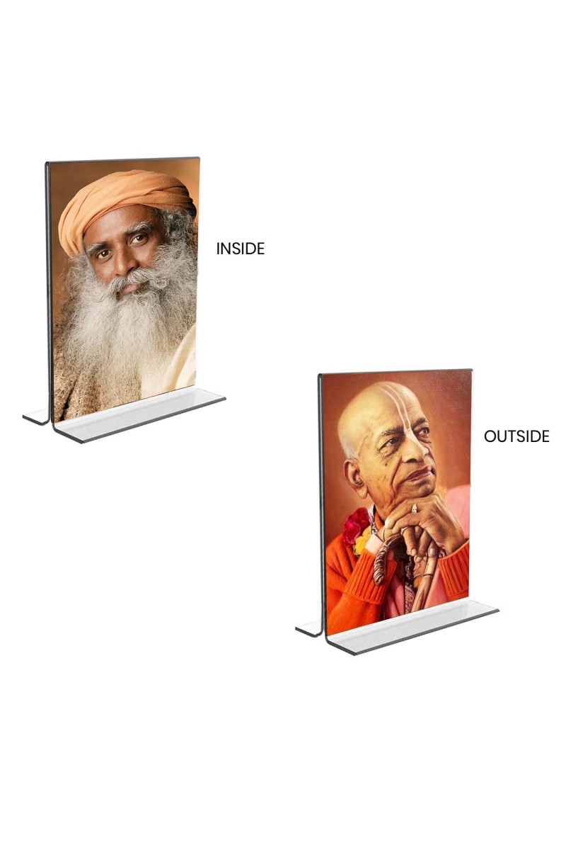 Sadhguru & Swami Prabhupada Acrylic T-Style Photo Stand, Compact and Stylish Spiritual Display, easily change 2 photos (Pack of 1)