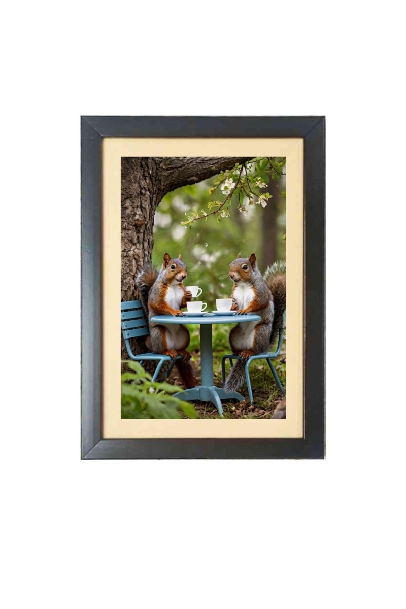 Tea time with the cutest little squirrels Photo Frame Funny Animal and Bird Cartoon Art, Black color, 17x21 Inch