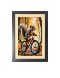 The squirrel is riding a bicycle Photo Frame Funny Animal and Bird Cartoon Art, Black color, 17x21 Inch