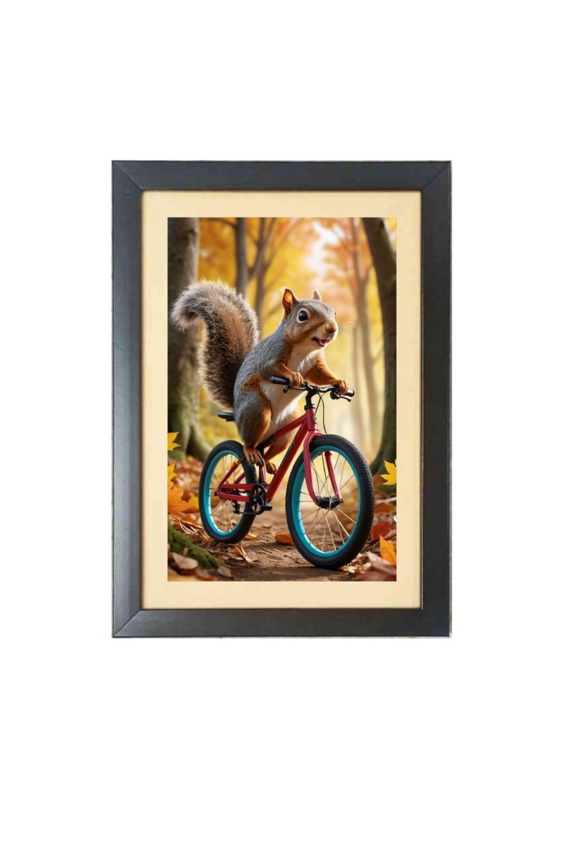 The squirrel is riding a bicycle Photo Frame Funny Animal and Bird Cartoon Art, Black color, 17x21 Inch