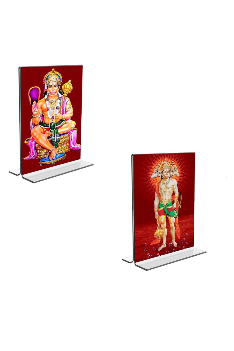Car Desk/Table Top Sri Hanuman & Panchmukhi Hanuman Acrylic T-Style Photo Stand - 2.5x3.5 Inches, Compact and Stylish Spiritual Display, easily change 2 photos (Pack of 1)