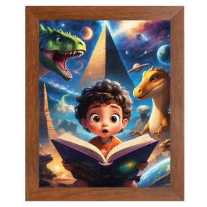 AI Funny Kid with Dinosaur Art Picture for Kids - 10x14 inches, Brown Color - Perfect Wall Decor for Children's Room
