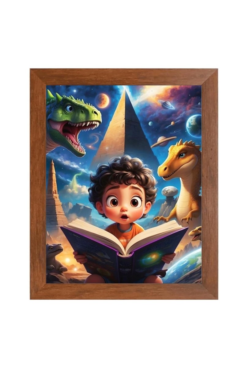 AI Funny Kid with Dinosaur Art Picture for Kids - 10x14 inches, Brown Color - Perfect Wall Decor for Children's Room