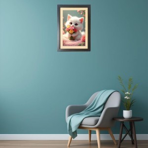 The cute cat is holding flowers Black Photo Frame Funny Animal and Bird Cartoon Art