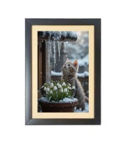 The cat is watching snow Black Photo Frame Funny Animal and Bird Cartoon Art