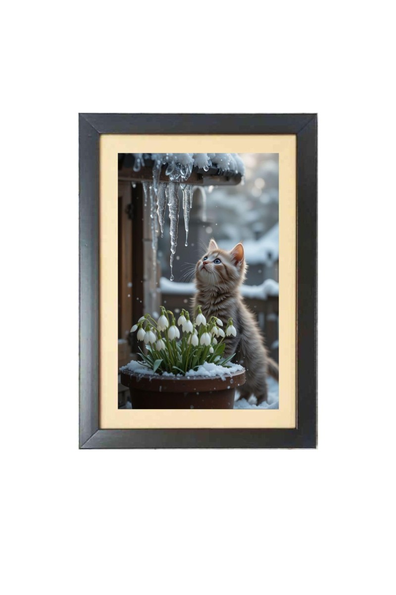 The cat is watching snow Black Photo Frame Funny Animal and Bird Cartoon Art