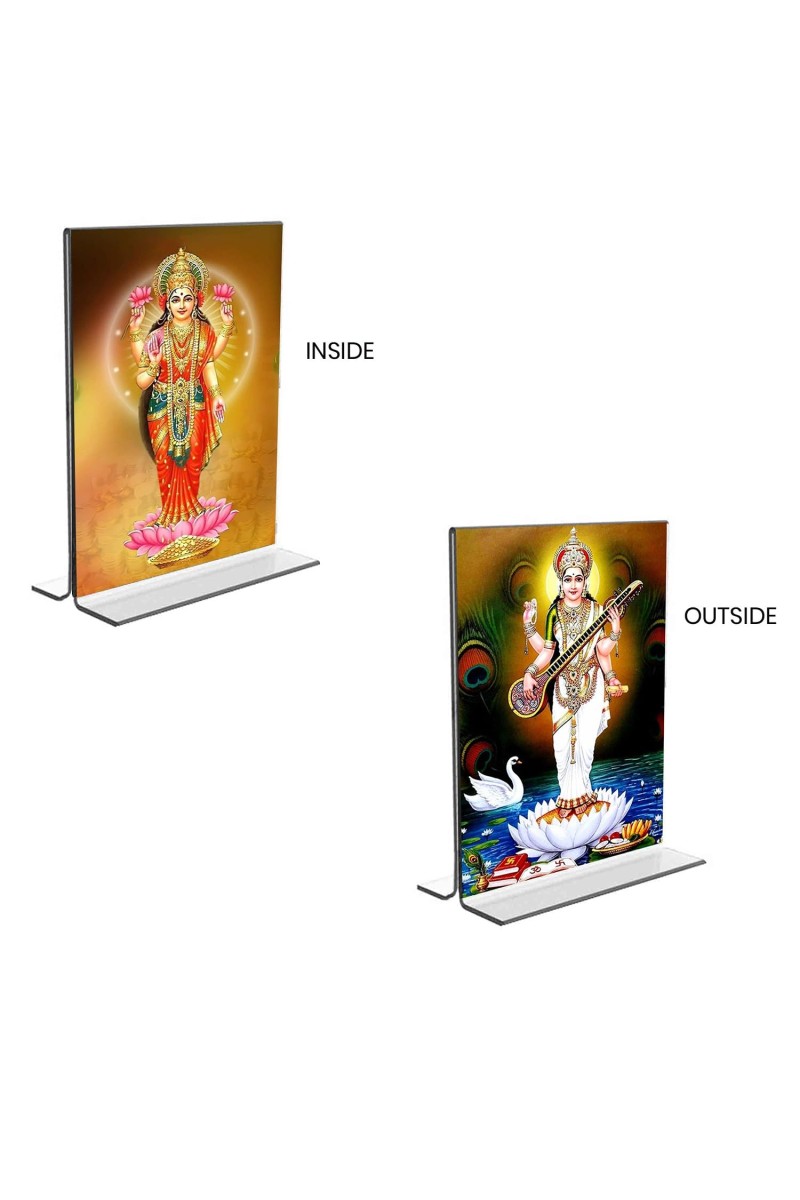 Debi Saraswati & Debi Lakshmi Acrylic T-Style Photo Stand - 11x13 Inches, Compact and Stylish Spiritual Display, easily change 2 photos (Pack of 1)