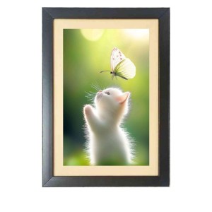 the cute white cat is catching butterfly Black Photo Frame Funny Animal and Bird Cartoon Art the cute white cat is catching butterfly Black Photo Frame Funny Animal and Bird Cartoon Art
