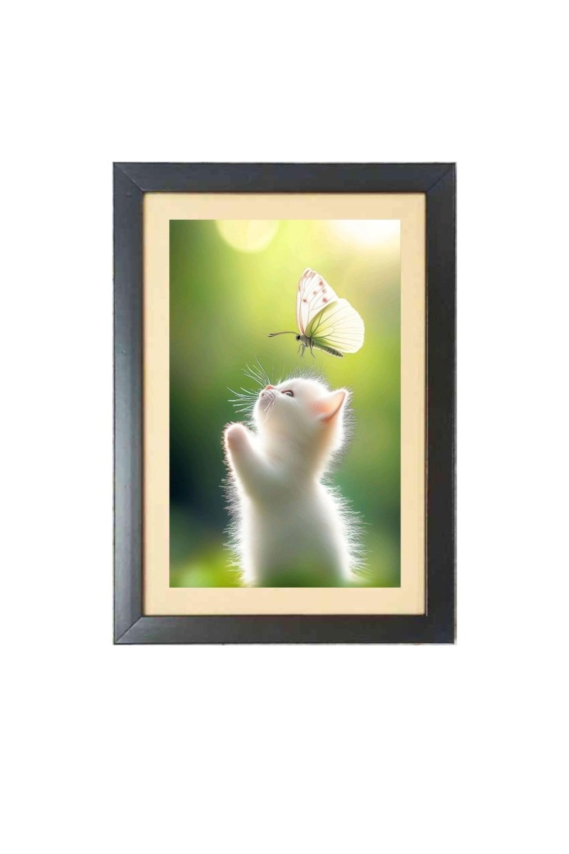 the cute white cat is catching butterfly Black Photo Frame Funny Animal and Bird Cartoon Art