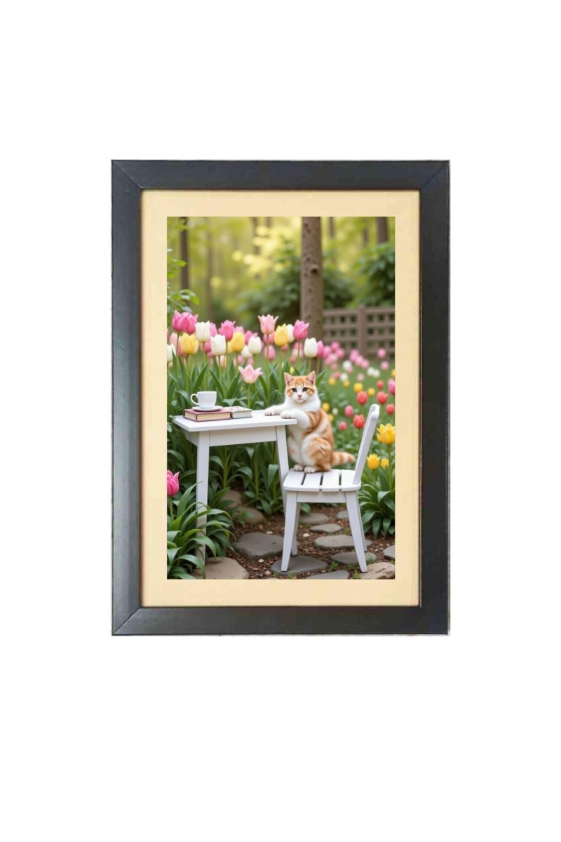The funny cat is sitting on the chair Photo Frame Funny Animal and Bird Cartoon Art, Black color, 13x17 Inch
