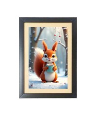 The funny squirrel is drinking coffee Photo Frame Funny Animal and Bird Cartoon Art, Black color, 15x19 Inch