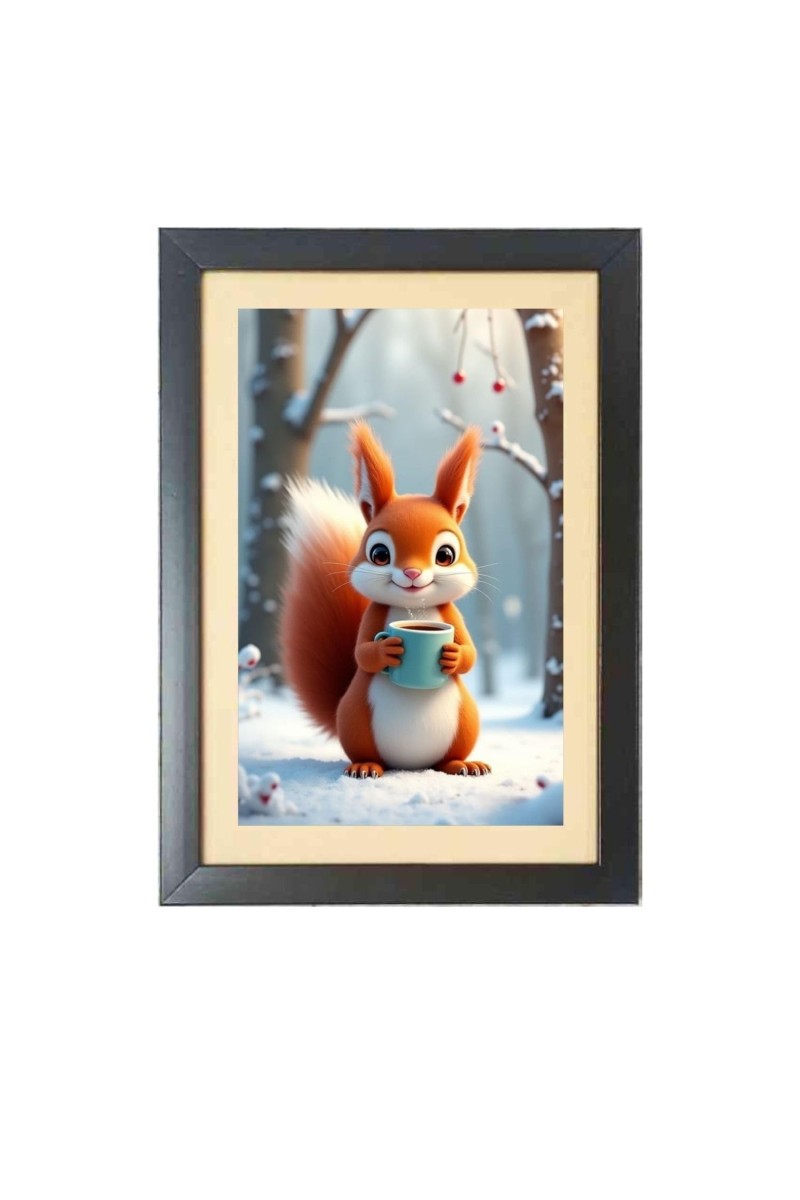 The funny squirrel is drinking coffee Photo Frame Funny Animal and Bird Cartoon Art, Black color, 15x19 Inch