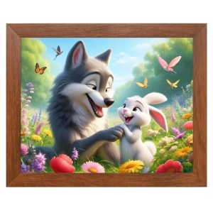 AI Funny Cute Dog and Rabbit Art Picture for Kids - 16x20 inches, Brown Color - Perfect Wall Decor for Children's Room