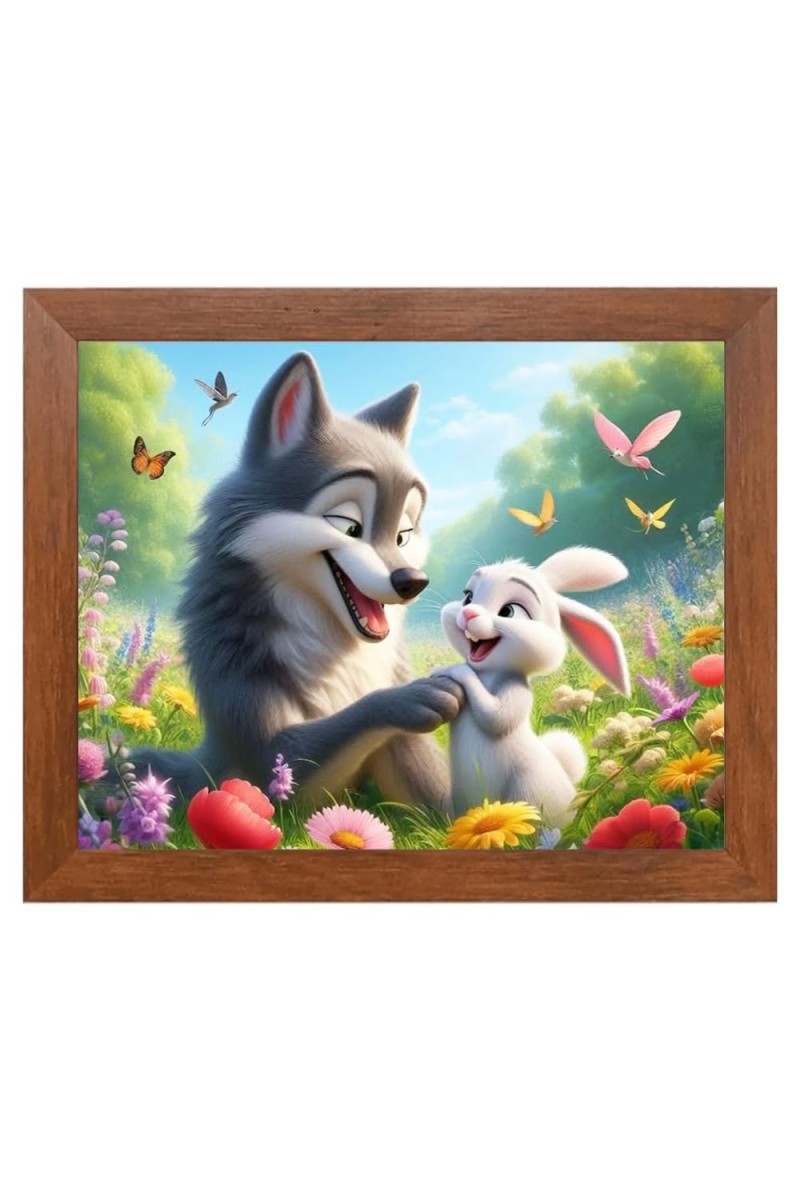 AI Funny Cute Dog and Rabbit Art Picture for Kids - 16x20 inches, Brown Color - Perfect Wall Decor for Children's Room