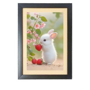 The cute rabbit is eating strawberry Black Photo Frame Funny Animal and Bird Cartoon Art