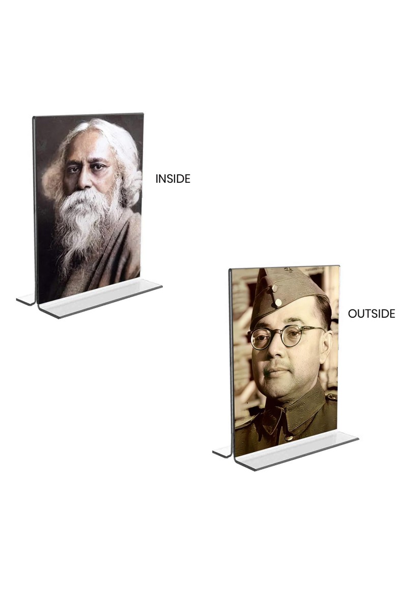 Sri Rabindranath Tagore and Netaji Subhash Chandra Bose Acrylic T-Style Photo Stand, Compact and Stylish Spiritual Display, easily change 2 photos (Pack of 1)
