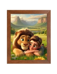 AI Funny Boy with Lion Art Picture for Kids - 12x16 inches, Brown Color - Perfect Wall Decor for Children's Room