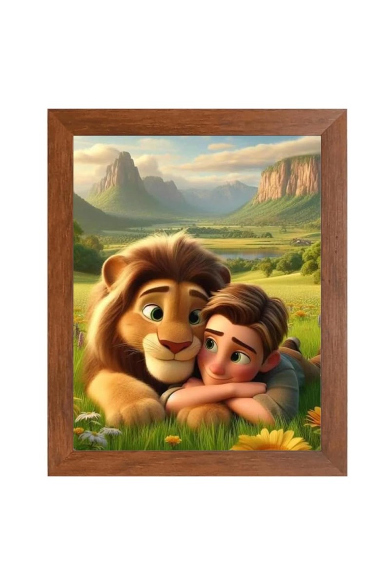 AI Funny Boy with Lion Art Picture for Kids - 12x16 inches, Brown Color - Perfect Wall Decor for Children's Room