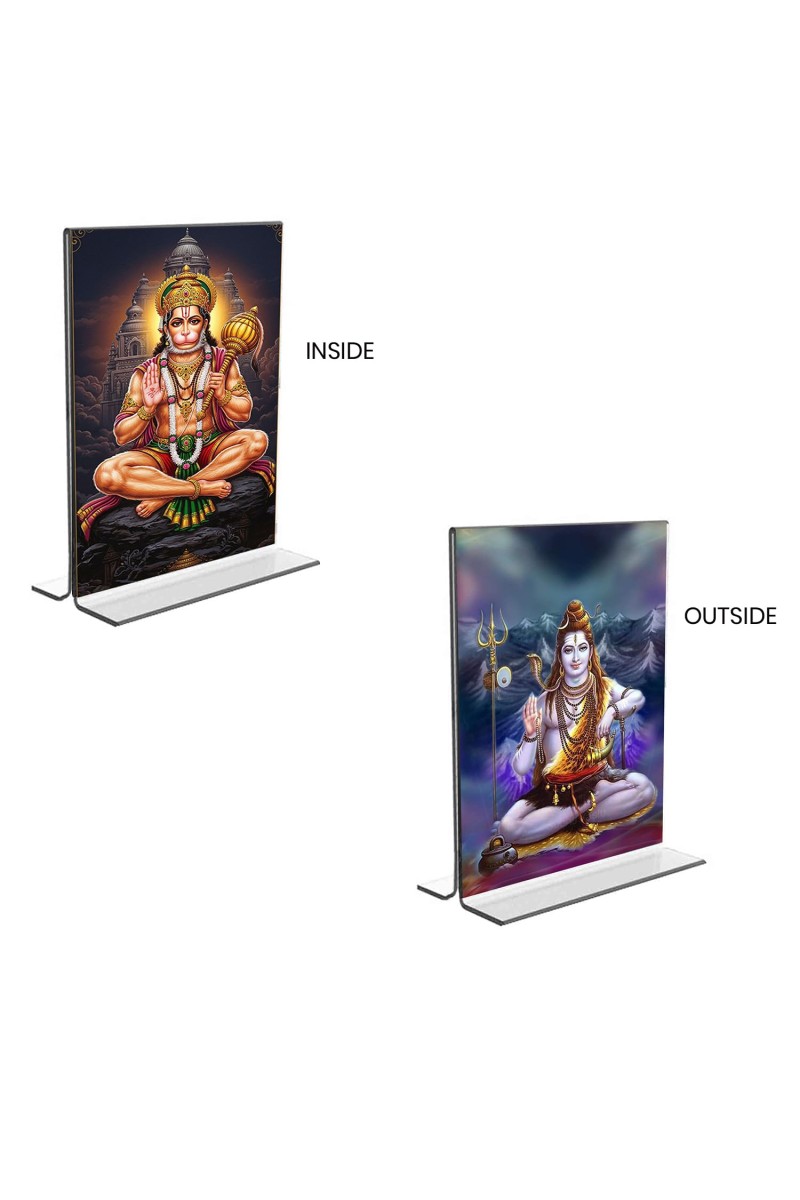 Sri Hanuman & Lord Shiva Acrylic T-Style Photo Stand, Compact and Stylish Spiritual Display, easily change 2 photos (Pack of 1)