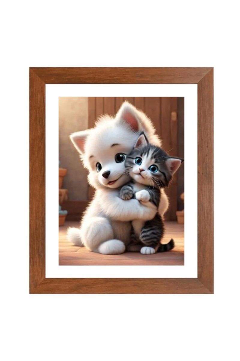 AI Funny Cute Dog & Cat Art Picture for Kids - 10x14 inches, Brown Color - Perfect Wall Decor for Children's Room