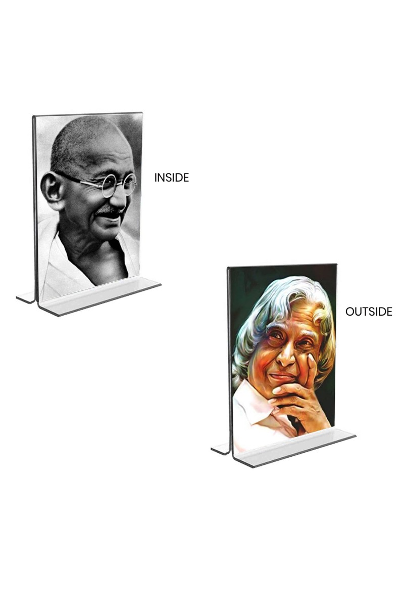 Mahatma Gandhi & APJ Abdul Kalam Acrylic T-Style Photo Stand, Compact and Stylish Spiritual Display, easily change 2 photos (Pack of 1)