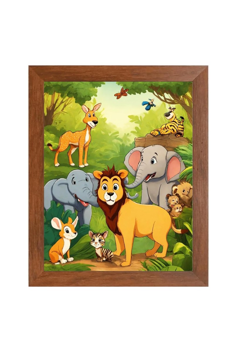 AI Funny Lion and elephant & birds, Rabbit Art Picture for Kids - 10x14 inches, Brown Color - Perfect Wall Decor for Children's Room