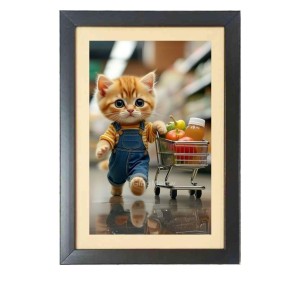 The cute cat is buying vegetables Black Photo Frame Funny Animal and Bird Cartoon Art