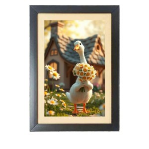 The funny duck is holding flowers Black Photo Frame Funny Animal and Bird Cartoon Art The funny duck is holding flowers Black Photo Frame Funny Animal and Bird Cartoon Art