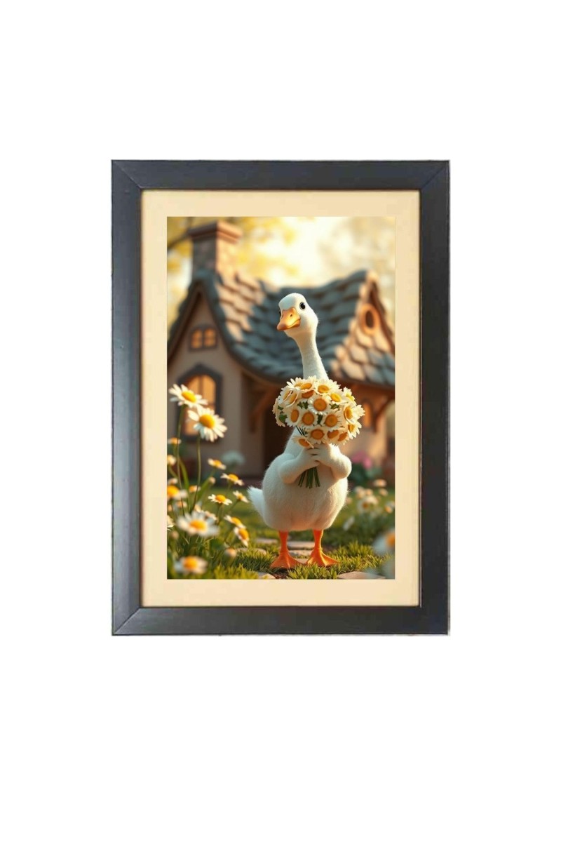 The funny duck is holding flowers Black Photo Frame Funny Animal and Bird Cartoon Art