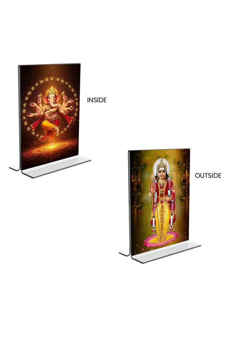 Sri Ganesh & Kartiyeka Acrylic T-Style Photo Stand, Compact and Stylish Spiritual Display, easily change 2 photos (Pack of 1)