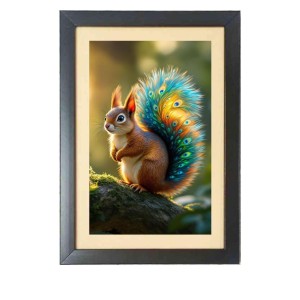 The squirrel with a peacock-feathered tail Black Photo Frame Funny Animal and Bird Cartoon Art The squirrel with a peacock-feathered tail Black Photo Frame Funny Animal and Bird Cartoon Art