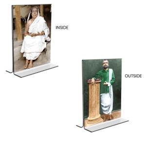 Car Desk/Table Top Sarada Devi & Sri Ramakrishna Paramhansa Acrylic T-Style Photo Stand - 2.5x3.5 Inches, Compact and Stylish Spiritual Display, easily change 2 photos (Pack of 1)