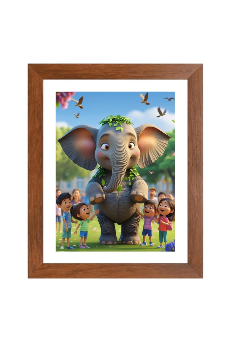 AI Funny Cute Elephant With Kids Art Picture for Kids - 10x14 inches, Brown Color - Perfect Wall Decor for Children's Room